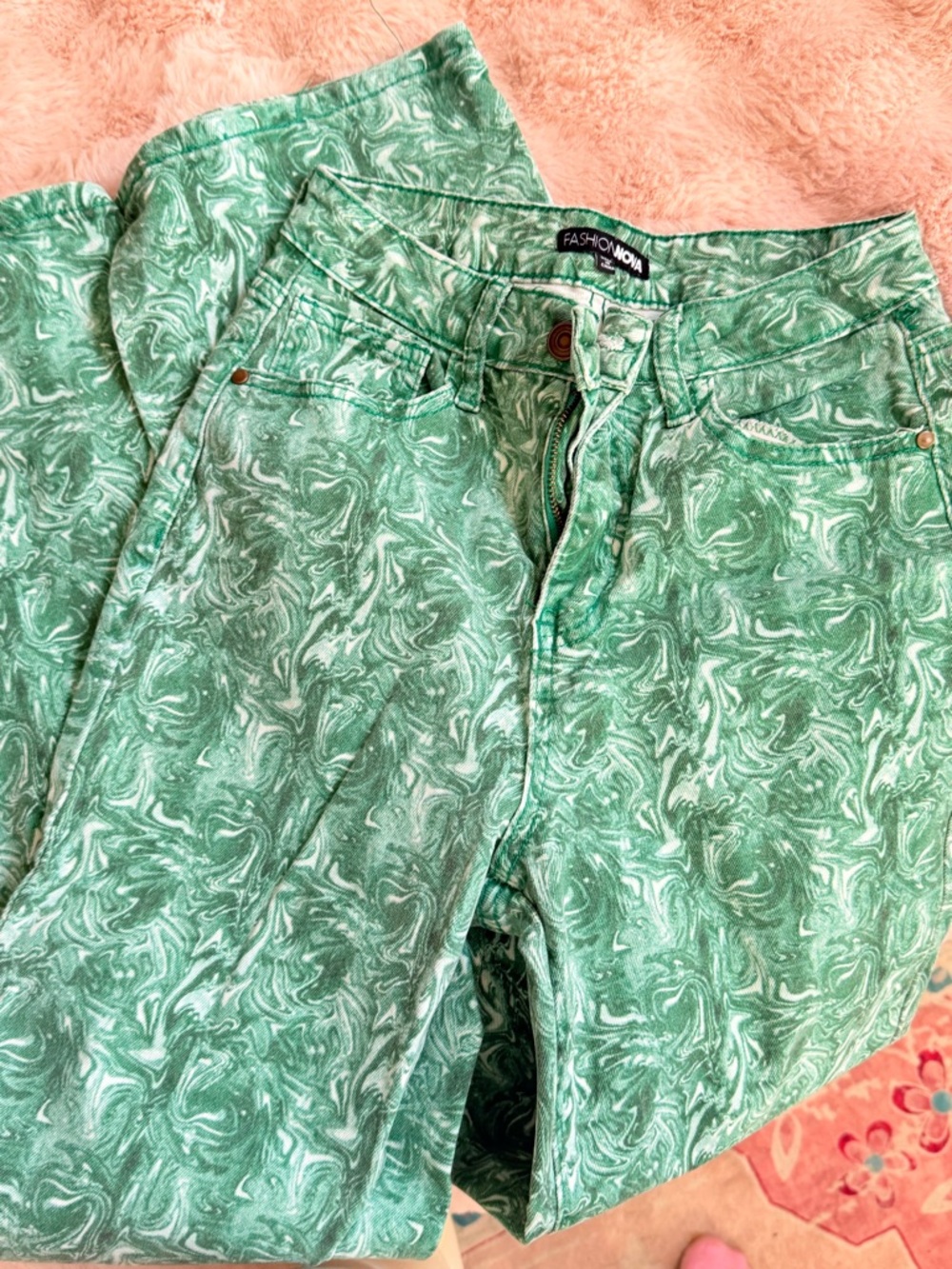 Fashion Nova Mint Green Marble-Print Skinny Jeans